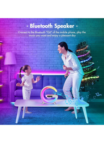 G Shape Smart Lamp – Wireless Charger + Bluetooth Speaker, Digital Alarm Clock | RGB Night Light & 15W Fast Charging G Shape Smart Lamp – Wireless Charger + Bluetooth Speaker, Digital Alarm Clock | RGB Night Light & 15W Fast Charging