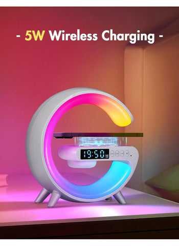 G Shape Smart Lamp – Wireless Charger + Bluetooth Speaker, Digital Alarm Clock | RGB Night Light & 15W Fast Charging G Shape Smart Lamp – Wireless Charger + Bluetooth Speaker, Digital Alarm Clock | RGB Night Light & 15W Fast Charging