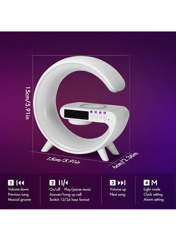 G Shape Smart Lamp – Wireless Charger + Bluetooth Speaker, Digital Alarm Clock | RGB Night Light & 15W Fast Charging G Shape Smart Lamp – Wireless Charger + Bluetooth Speaker, Digital Alarm Clock | RGB Night Light & 15W Fast Charging