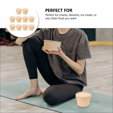 Kraft Bowl with Lid 110ml, 50Pcs – Compact Kraft Paper Bowl, Secure Lid, Ideal for Small Servings – Ice Cream Packaging | Perfect for Sampling and Desserts