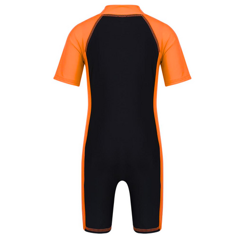 Sonecs Kids UpTo Knee Swim Suit – Black/Orange | Stretchable Fabric for Optimal Fit & Comfort, Tear-Resistant for Long-Lasting Use