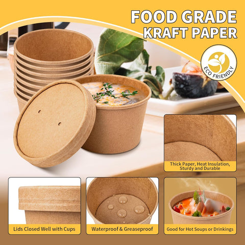 Kraft Bowl with Lid 250ml, 50Pcs– Eco-Friendly Kraft Paper, Secure Lid, Ideal for Small Portions – Ice Cream Packaging | Perfect for Single Servings