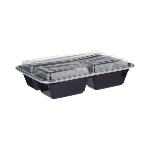 Black Base 3 Portion Tray with Lid – Convenient Disposable Food Tray, Leak-Proof, Multi-Compartment Design