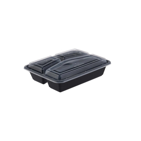 Black Base 3 Portion Tray with Lid – Convenient Disposable Food Tray, Leak-Proof, Multi-Compartment Design