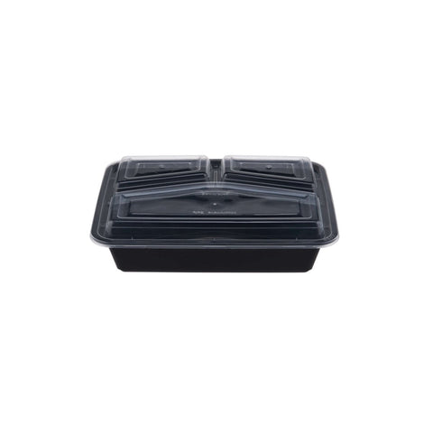 Black Base 3 Portion Tray with Lid – Convenient Disposable Food Tray, Leak-Proof, Multi-Compartment Design