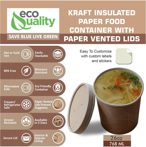 Kraft Bowl with Lid 750ml, 50Pcs – Eco-Friendly Kraft Paper, Secure Lid, Ideal for Medium to Large Portions – Ice Cream Packaging | Great for Deli Takeout