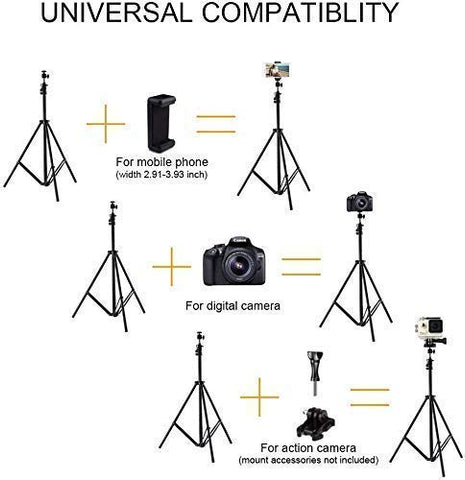 Aluminium Tripod Stand Adjustable Portable with Mobile Holder 7 Feet – Adjustable Height, Portable Design, Mobile Holder Included – Tripod Stand | Ideal for Vlogging and Photography