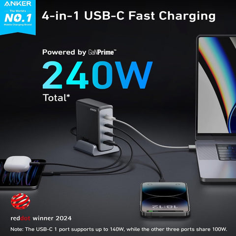 Anker 240W USB-C Charger Fast Compact 4-Port GaN Charger 749 – High Power Output, Compact Design, Four Ports – Chargers & Cables | Ideal for Rapid Charging