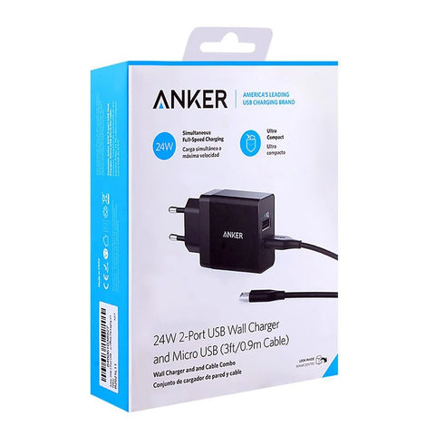 Anker 24W 2-Port USB Wall Charger And Micro USB 3ft Cable – Dual Ports, Includes Cable, Compact Design – Chargers & Cables | Ideal for Everyday Use