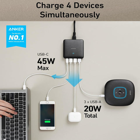 Anker PowerPort Atom III Slim Four Ports Black – Compact Design, High-Speed Charging, Four Ports – Chargers & Cables | Ideal for Multiple Device Charging