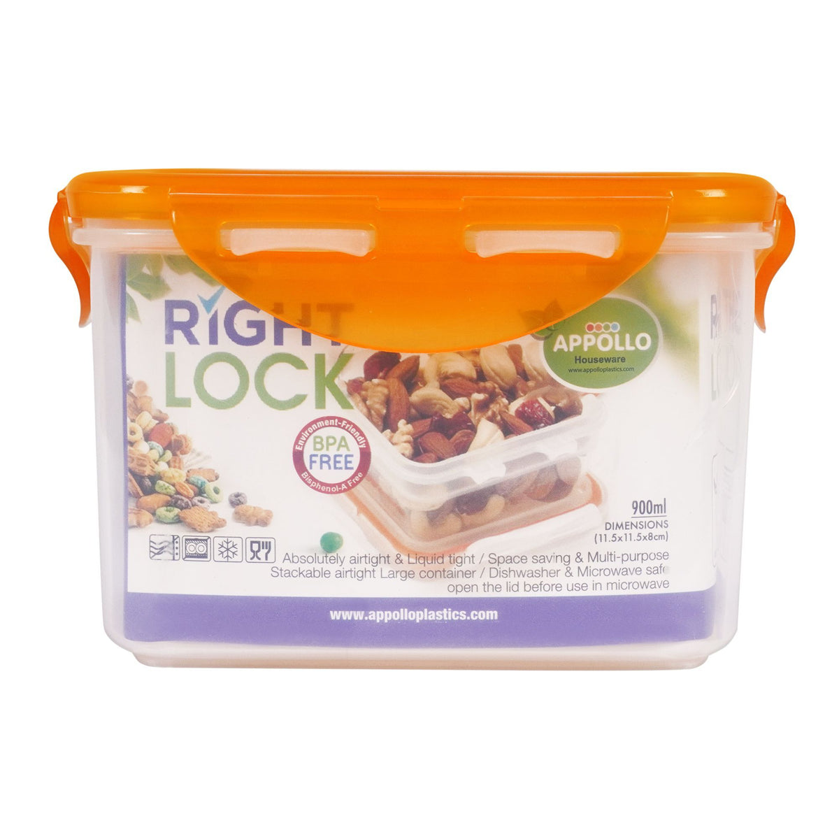 Appollo Right Lock Food Keeper – Large, 900ml, Orange, 5x5x5 Inches – Leak-Proof and Durable Storage