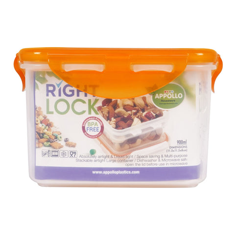 Appollo Right Lock Food Keeper – Large, 900ml, Orange, 5x5x5 Inches – Leak-Proof and Durable Storage