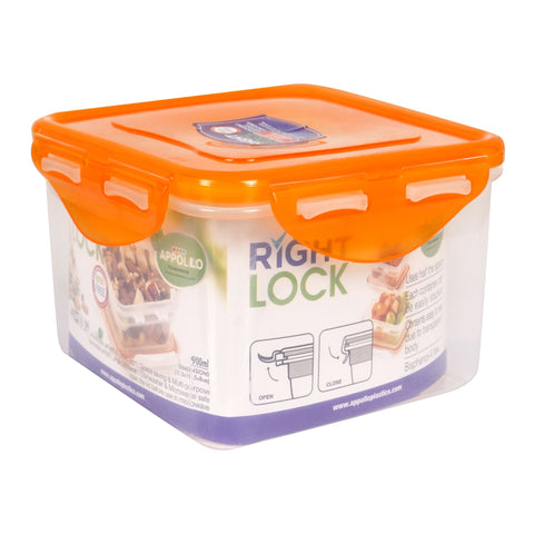 Appollo Right Lock Food Keeper – Large, 900ml, Orange, 5x5x5 Inches – Leak-Proof and Durable Storage