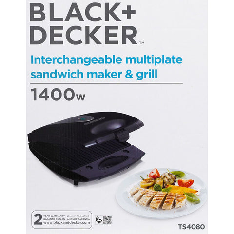 Black & Decker TS-4080 Multiplate Sandwich Maker – 1400W, Non-Stick Sandwich, Grill & Waffle Plates, Cool Touch Handles, Easy Push-Down Lock – Sandwich Maker