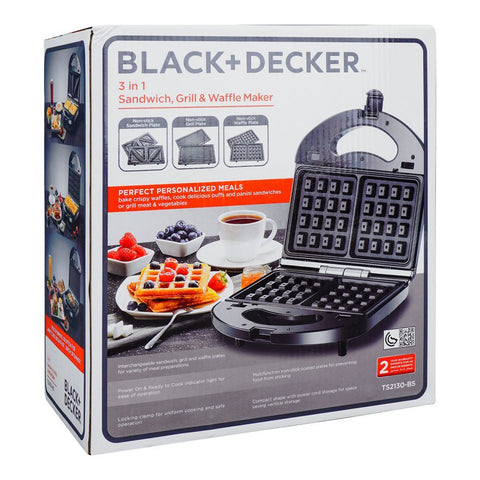 Black & Decker TS2130B5 3-in-1 Waffle Iron – Sandwich Maker, Grill & Waffle Plates, Adjustable Temperature, Non-Stick Coating – Waffle Iron