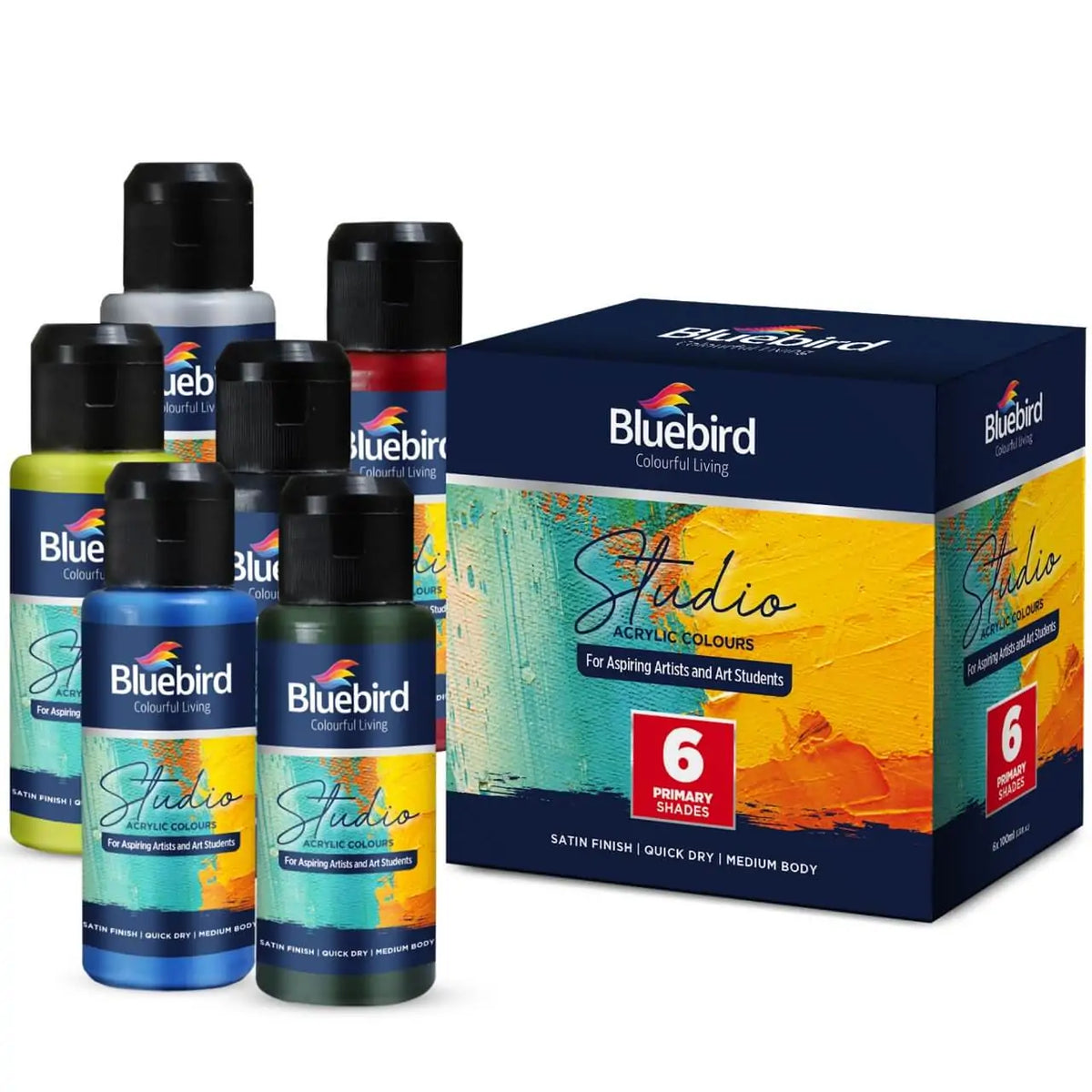 Bluebird Acrylic Colours 6 Primary Shades 6x100ml – Vibrant Colors, Versatile Use, Non-Toxic – Acrylic Paint Set | Perfect for Color Mixing and Techniques