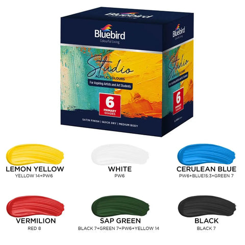 Bluebird Acrylic Colours 6 Primary Shades 6x100ml – Vibrant Colors, Versatile Use, Non-Toxic – Acrylic Paint Set | Perfect for Color Mixing and Techniques