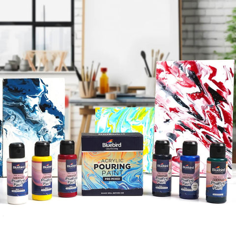 Bluebird Acrylic Pouring Paint Pre-mixed Primary 6x100ml – Ready-to-Use, Vivid Colors, Easy Pouring – Acrylic Pouring Paint | Ideal for Fluid Art Techniques