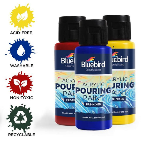 Bluebird Acrylic Pouring Paint Pre-mixed Primary 6x100ml – Ready-to-Use, Vivid Colors, Easy Pouring – Acrylic Pouring Paint | Ideal for Fluid Art Techniques