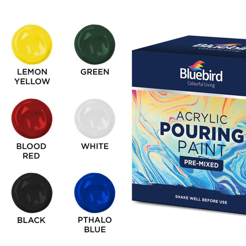 Bluebird Acrylic Pouring Paint Pre-mixed Primary 6x100ml – Ready-to-Use, Vivid Colors, Easy Pouring – Acrylic Pouring Paint | Ideal for Fluid Art Techniques