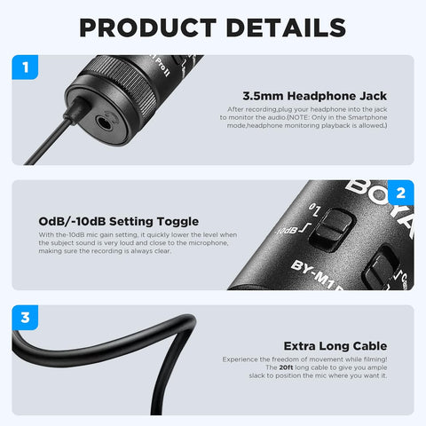 Boya Universal Lavalier Microphone BY-M1 Pro II – High-Quality Audio, Versatile Use, Adjustable Clip – Lavalier Microphone | Perfect for Professional Vlogging