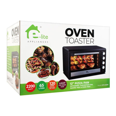 E-Lite Oven Toaster, 65L, 2200W – Large Capacity with Convection & Baking Functions, 4 Heating Elements, 120-Min Timer, 12" Pizza Pan | ETO-653R