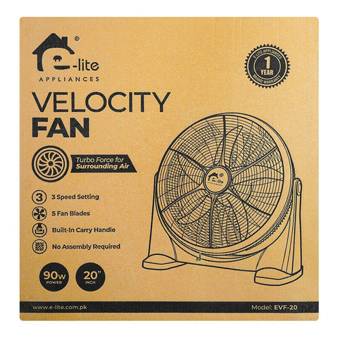 E-Lite Velocity Fan – 3 Speeds, Adjustable Tilt, 5 Blades, 90W, 20 Inch, Black, EVF-20 – Powerful and Adjustable Cooling Fan