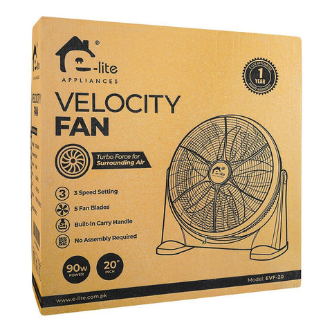 E-Lite Velocity Fan – 3 Speeds, Adjustable Tilt, 5 Blades, 90W, 20 Inch, Black, EVF-20 – Powerful and Adjustable Cooling Fan