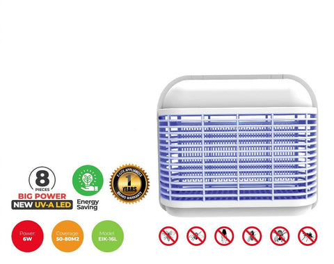 E-lite Jasmine Insect Killer - EIK-16L – Slim 6W Electric Bug Zapper with 8 UV-A LEDs, 2500V Power, and Fireproof ABS Housing – Ideal for Restaurants and Hotels