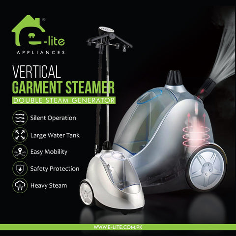 E-lite Garment Steamer SS19 – 1750W Main Machine, 3.0 Liter Water Tank, Adjustable Stainless Steel Rod – High-Efficiency Fabric Care | Includes Crease Clip, Brush, and Heat-Resistant Glove – Garment Steamer