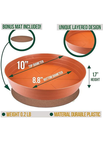 Fiber Plastic Plant Saucers – Durable Plant Trays with Extra-Deep Design | Floor Protection Felt Mat Included, No Holes, 6 to 14 Inches, Terracotta Color