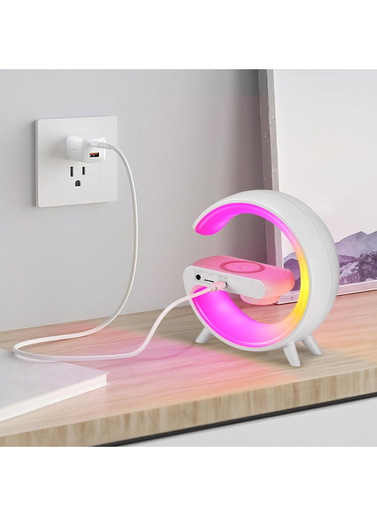 G Shape Smart Lamp – Wireless Charger + Bluetooth Speaker, Digital Alarm Clock | RGB Night Light & 15W Fast Charging