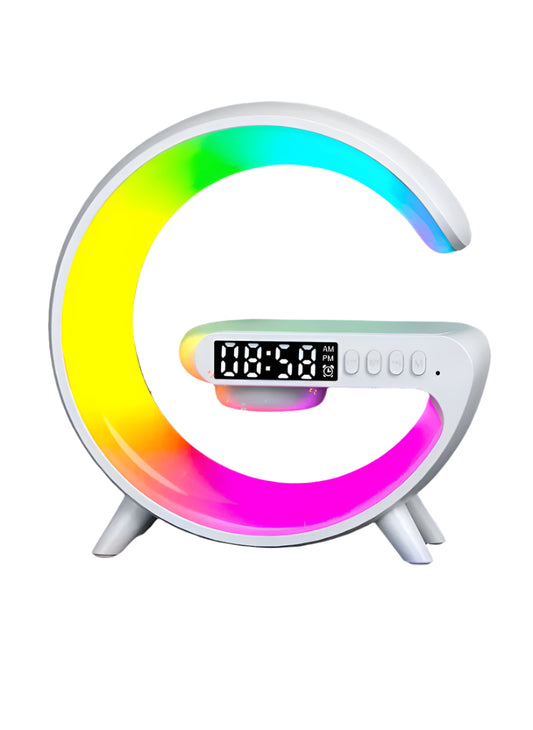 G Shape Smart Lamp – Wireless Charger + Bluetooth Speaker, Digital Alarm Clock | RGB Night Light & 15W Fast Charging