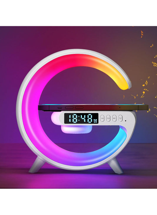 G Shape Smart Lamp – Wireless Charger + Bluetooth Speaker, Digital Alarm Clock | RGB Night Light & 15W Fast Charging