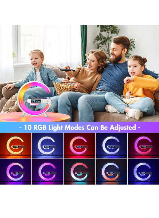 G Shape Smart Lamp – Wireless Charger + Bluetooth Speaker, Digital Alarm Clock | RGB Night Light & 15W Fast Charging