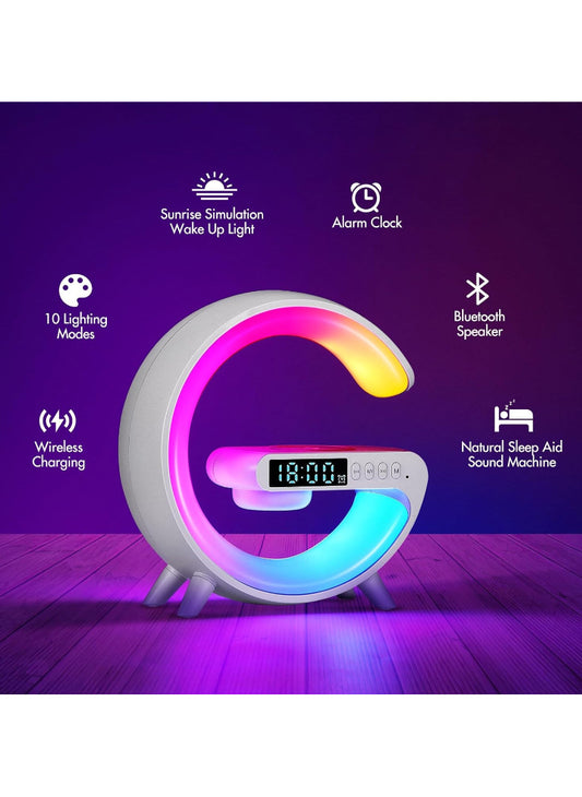G Shape Smart Lamp – Wireless Charger + Bluetooth Speaker, Digital Alarm Clock | RGB Night Light & 15W Fast Charging