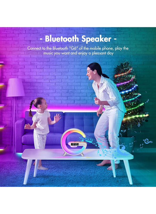 G Shape Smart Lamp – Wireless Charger + Bluetooth Speaker, Digital Alarm Clock | RGB Night Light & 15W Fast Charging