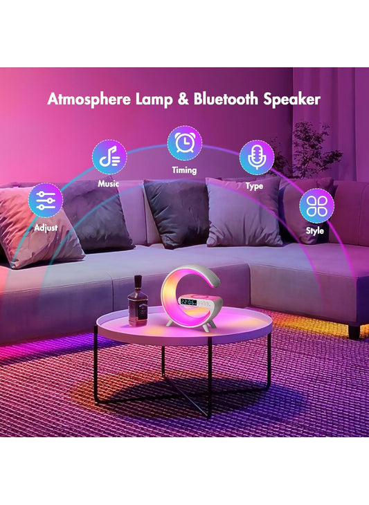G Shape Smart Lamp – Wireless Charger + Bluetooth Speaker, Digital Alarm Clock | RGB Night Light & 15W Fast Charging