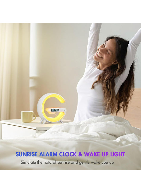 G Shape Smart Lamp – Wireless Charger + Bluetooth Speaker, Digital Alarm Clock | RGB Night Light & 15W Fast Charging
