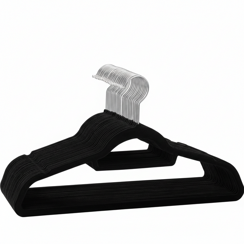 Pack of 10 black velvet hangers with chrome 360 degree swivel hooks