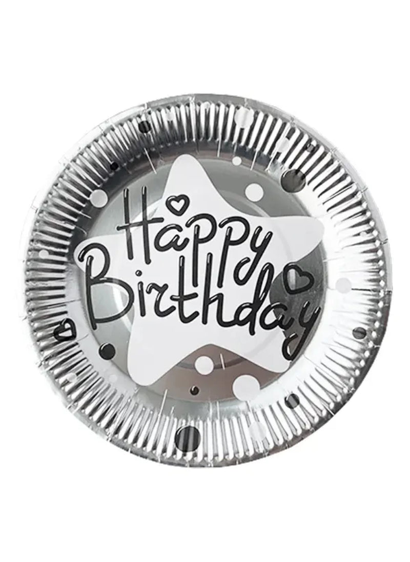 Happy Birthday Printed Disposable Serving Paper Plates – Silver (10 Pcs). Elegant & Festive, Great for Birthdays | Disposable & Easy to Use