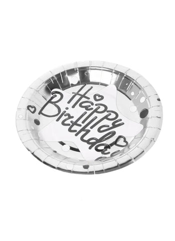 Happy Birthday Printed Disposable Serving Paper Plates – Silver (10 Pcs). Elegant & Festive, Great for Birthdays | Disposable & Easy to Use