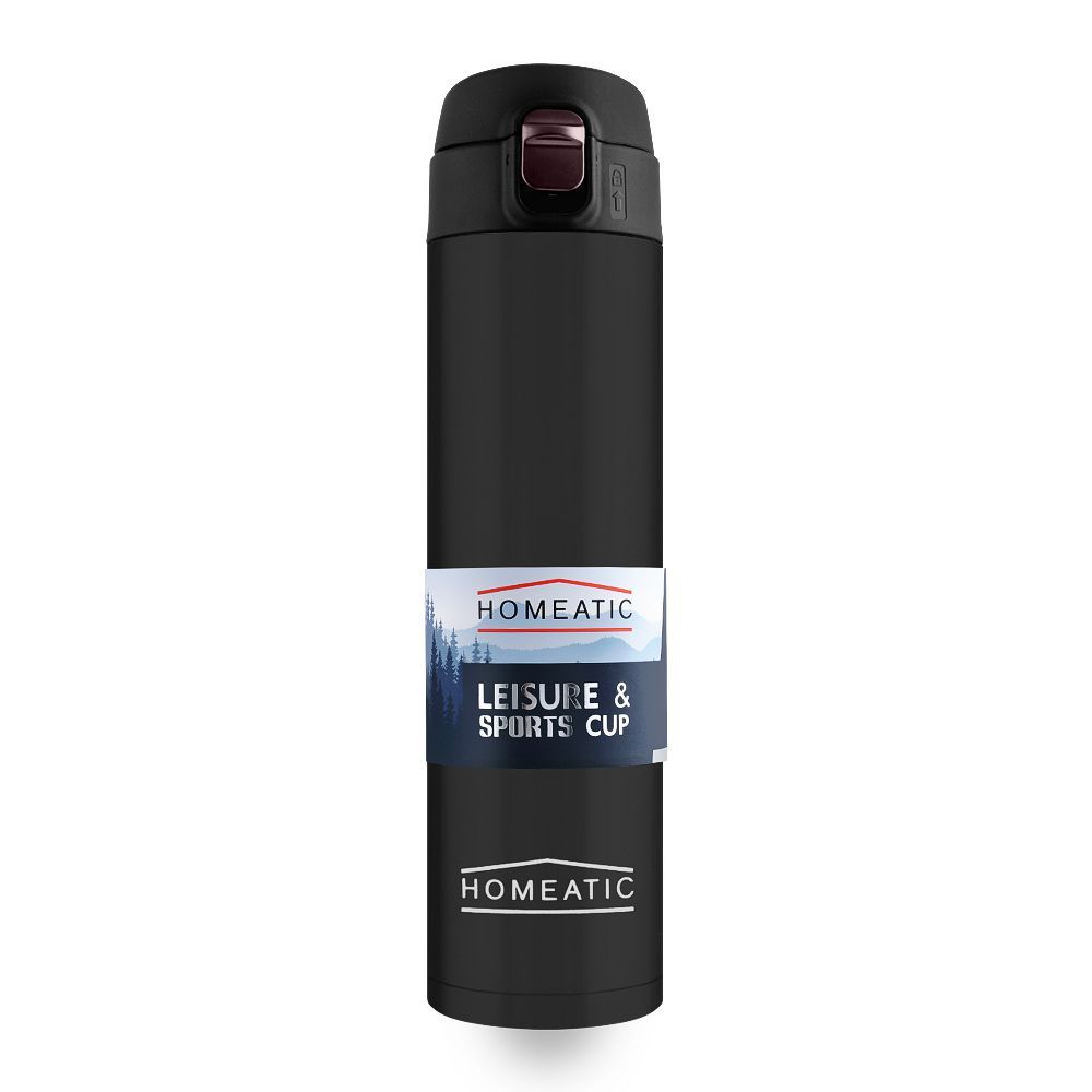 Homeatic Leisure & Sports Cup Steel Water Bottle – Black, 500ml, KD-837 – Sleek and Convenient Sports Bottle