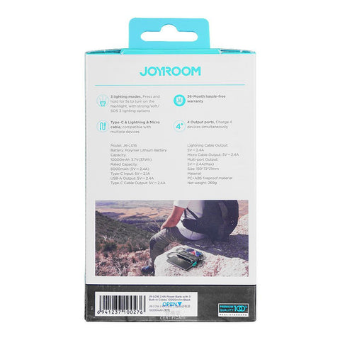 Joyroom Power Bank JR-L016 – 10000mAh Capacity, 3 Built-In Cables, Outdoor Use – Phone & Tablet | Convenient and Durable