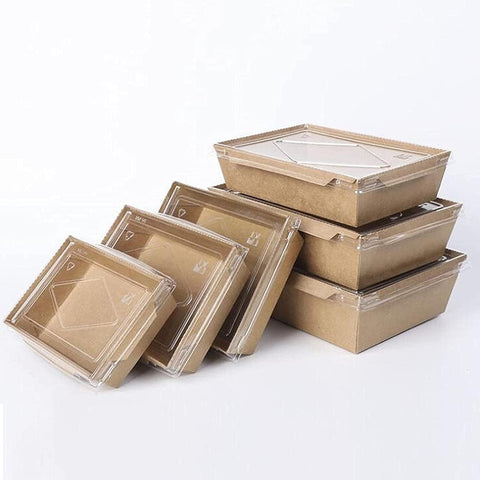 Kraft Box with Transparent Lid (DS-1200) – Biodegradable Disposable Food Packaging | Essentials