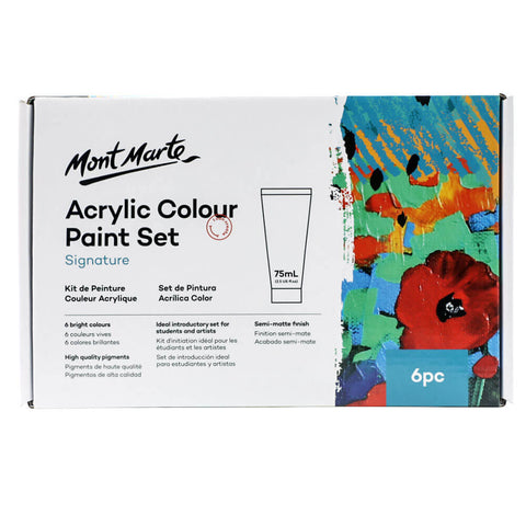 Mont Marte Acrylic Colour Paint Set Signature 6pc x 75ml – Rich Color Range, Smooth Finish, Beginner-Friendly – Acrylic Paint Set | Great for All Skill Levels