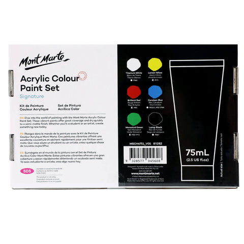 Mont Marte Acrylic Colour Paint Set Signature 6pc x 75ml – Rich Color Range, Smooth Finish, Beginner-Friendly – Acrylic Paint Set | Great for All Skill Levels