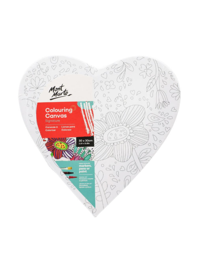 Mont Marte Colouring Canvas Heart Signature 30cm (11.8in) – Heart-Shaped, Smooth Texture, Bloom Design – Great for Creative Painting | Ready to Hang