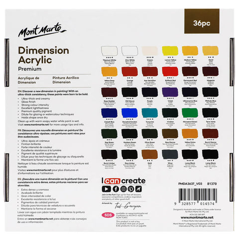 Mont Marte Dimension Acrylic Premium 36pc x 37ml – Thick Consistency, High Coverage, Textured Finish – Premium Acrylic Paint | Ideal for Dimensional Artwork