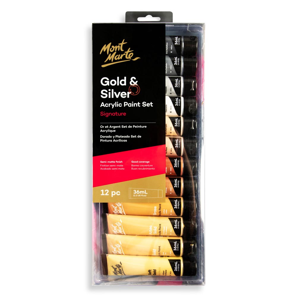 Mont Marte Gold and Silver Acrylic Paint Set 12 x 36ml – Elegant Metallic Colors, High-Quality Pigment, Versatile Application – Acrylic Paint Set | Great for Highlights & Accents